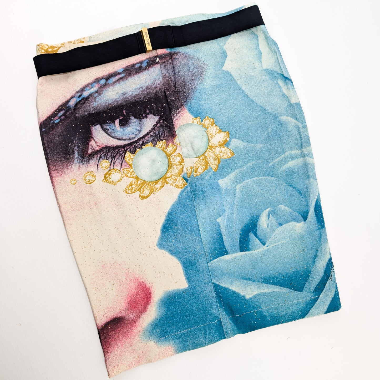 Roberto Cavalli blue skirt with Elizabeth Taylor face - S/S 2001