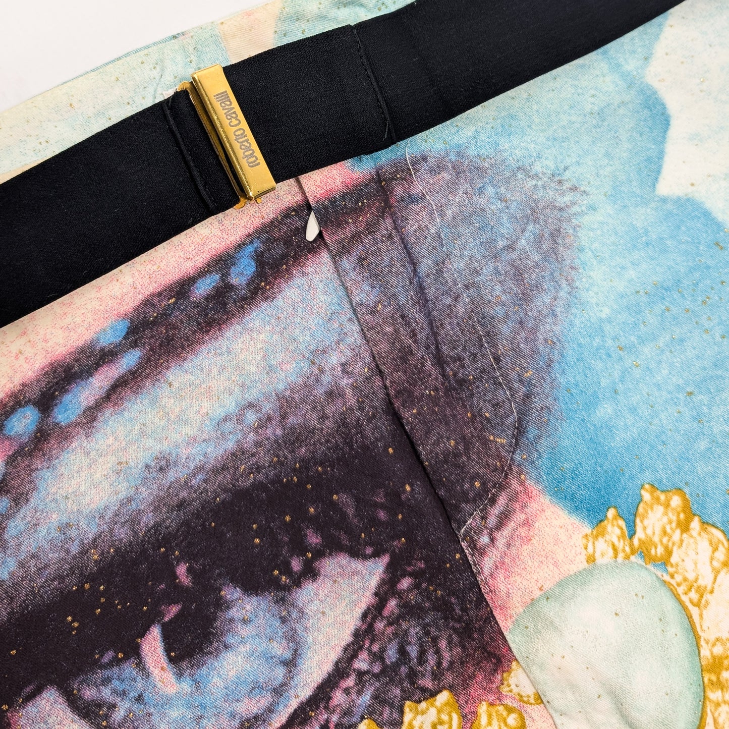 Roberto Cavalli blue skirt with Elizabeth Taylor face - S/S 2001
