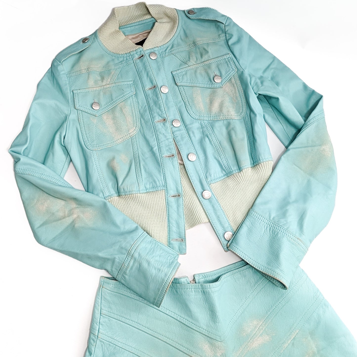 Roberto Cavalli leather jacket and skirt set.