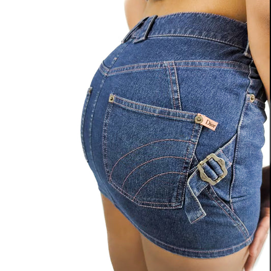 Denim mini skirt with Dior pink stitching by Galliano - S