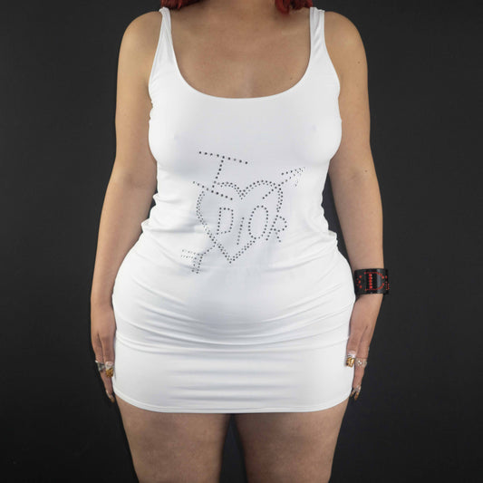 Bodycon white rhinestone dress "I love Dior" - L