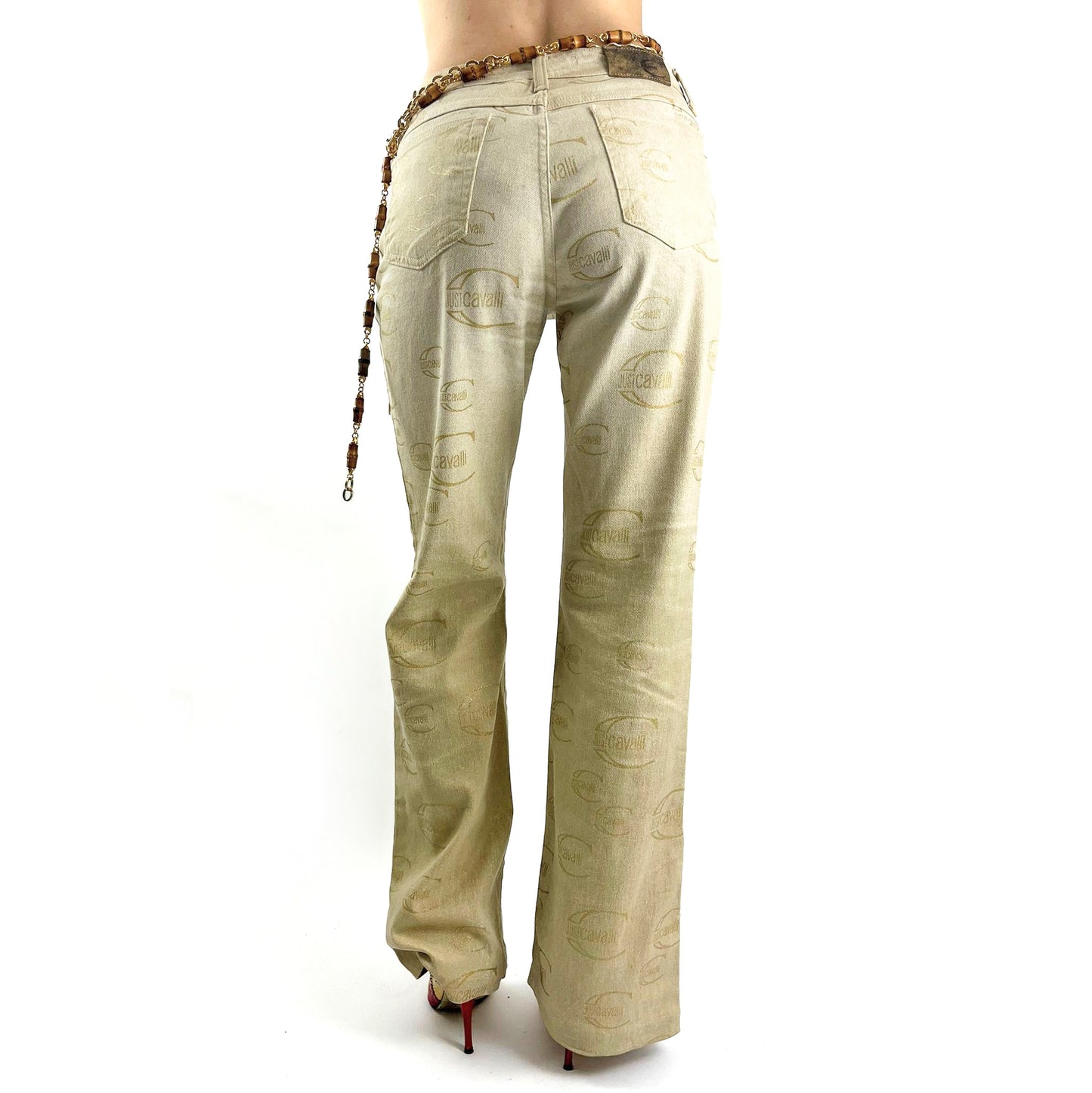 Beige stretch straight jeans decorated with Cavalli logo - S/M