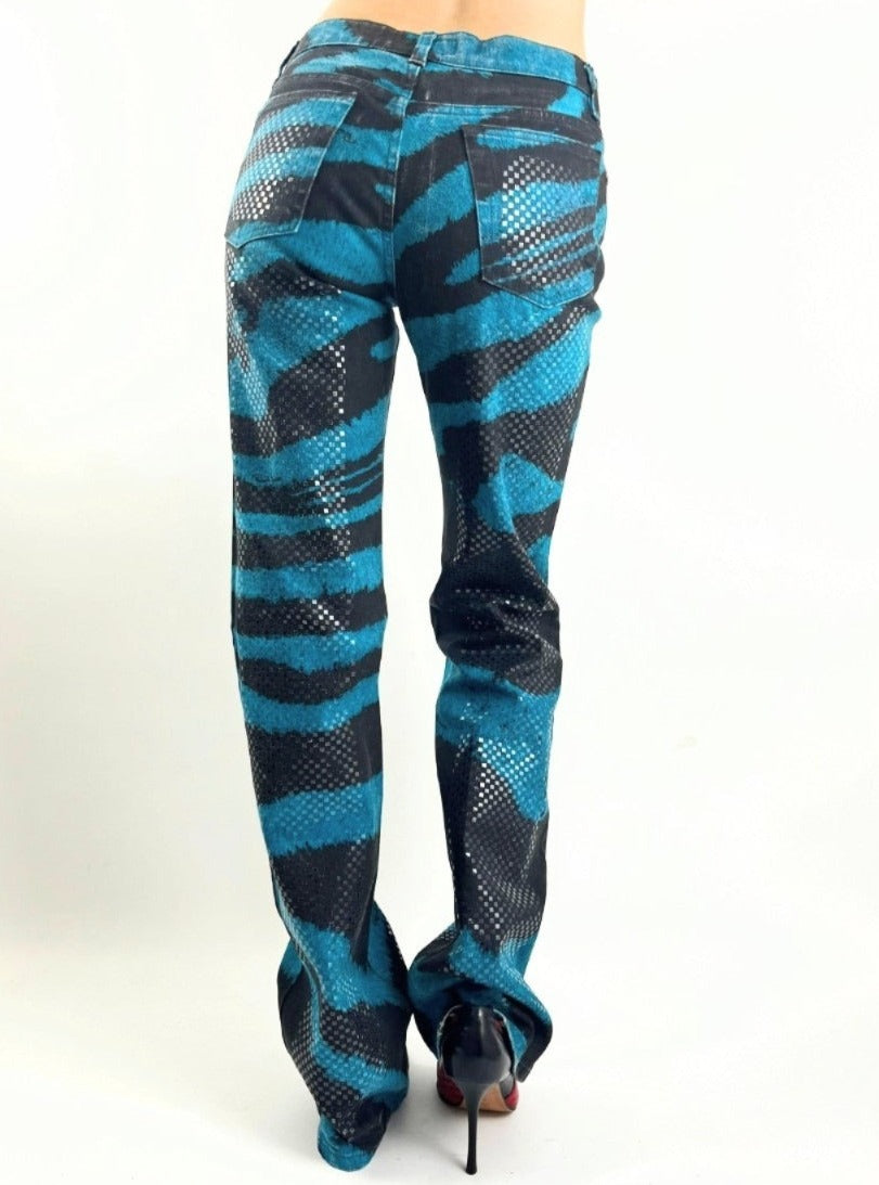 Sparkling jeans Roberto Cavalli zebra motif trompe l'oeil blue - M