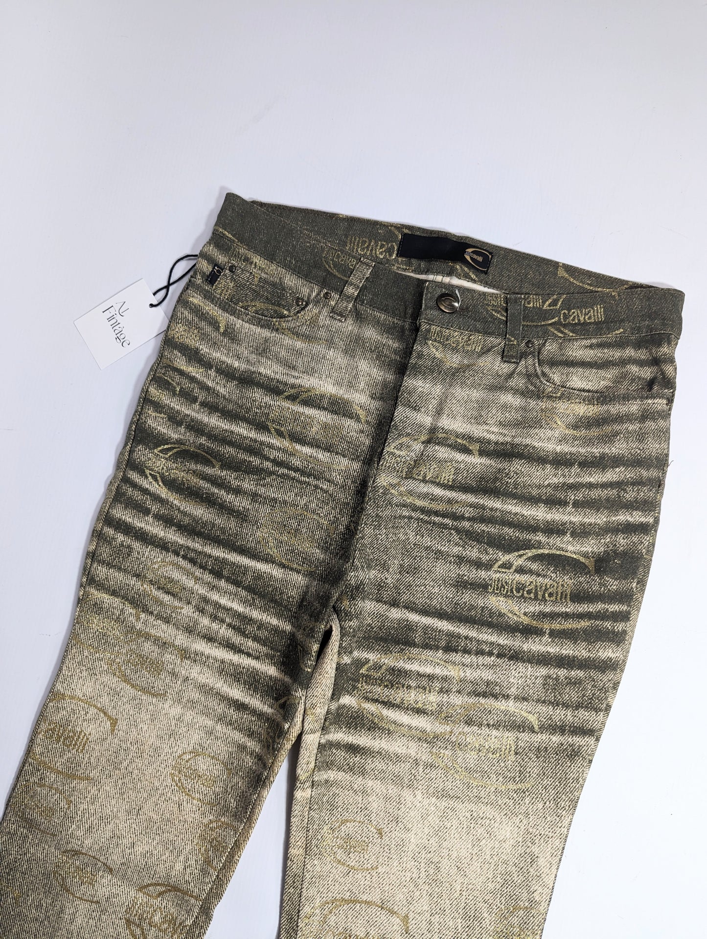 Cavalli washed khaki monogram logo jeans - S