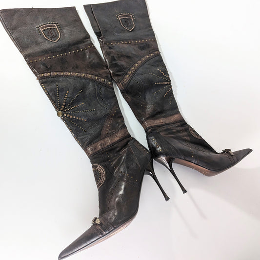 El Dantes Thigh High Boots in Biker-Effect Leather, Embellished with Beads - FR41|7.5UK|9US
