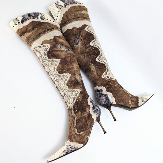 El Dantes brown thigh high boots decorated with pearl and lace - EU37|UK4|US5,5