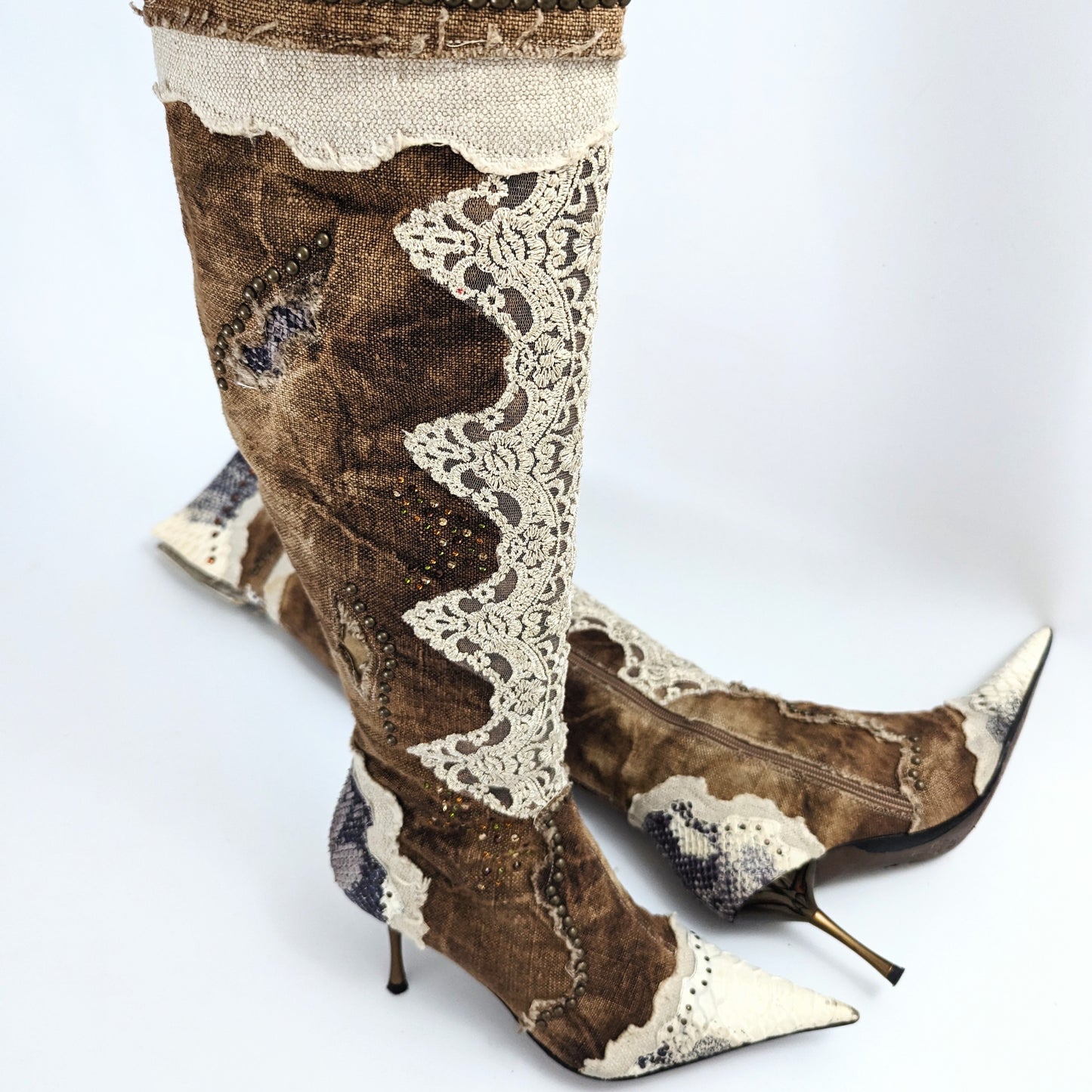 El Dantes brown thigh high boots decorated with pearl and lace - EU37|UK4|US6