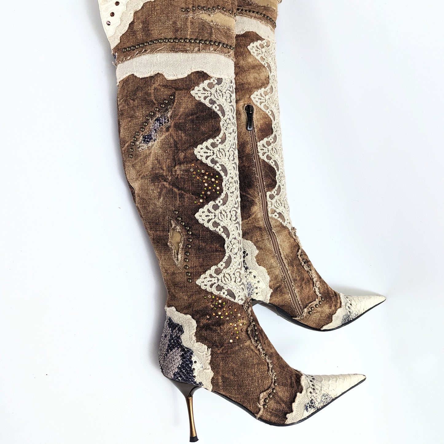 El Dantes brown thigh high boots decorated with pearl and lace - EU37|UK4|US6