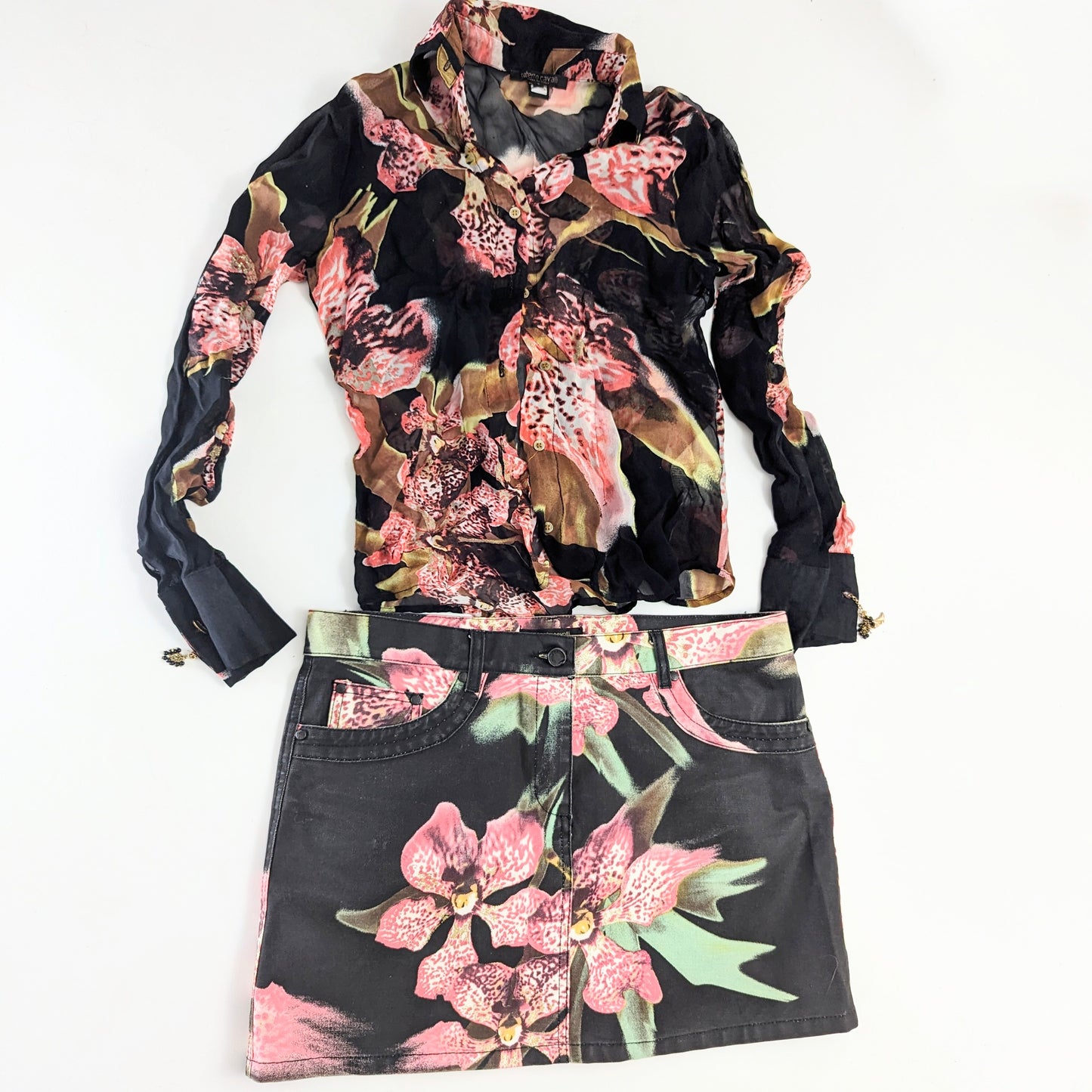 Roberto Cavalli flower skirt and shirt set