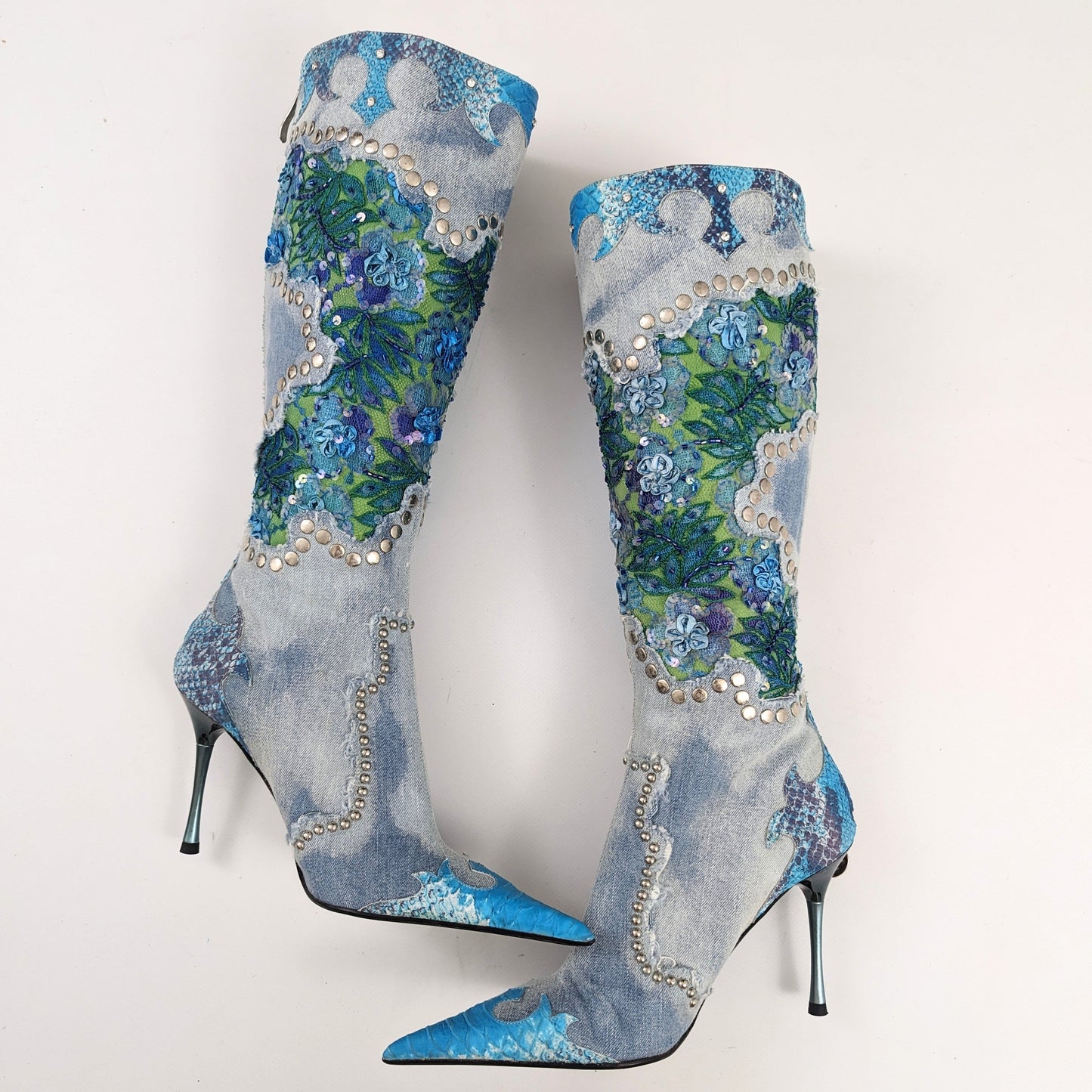 Sequin Embellished Denim El Dantes Boots - EU39|6UK|8US