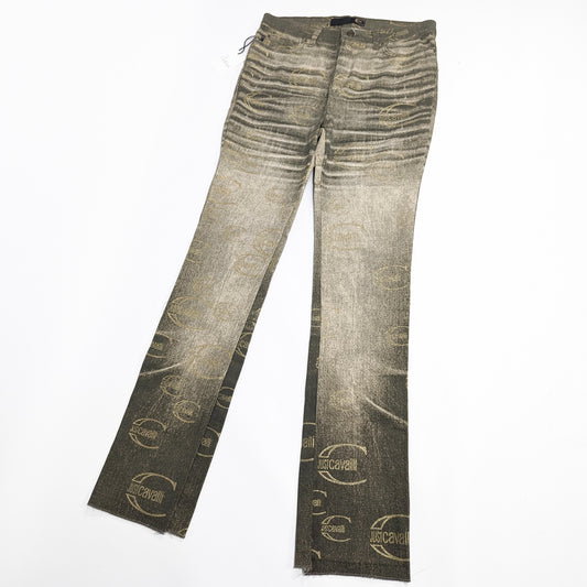 Cavalli washed khaki monogram logo jeans - S
