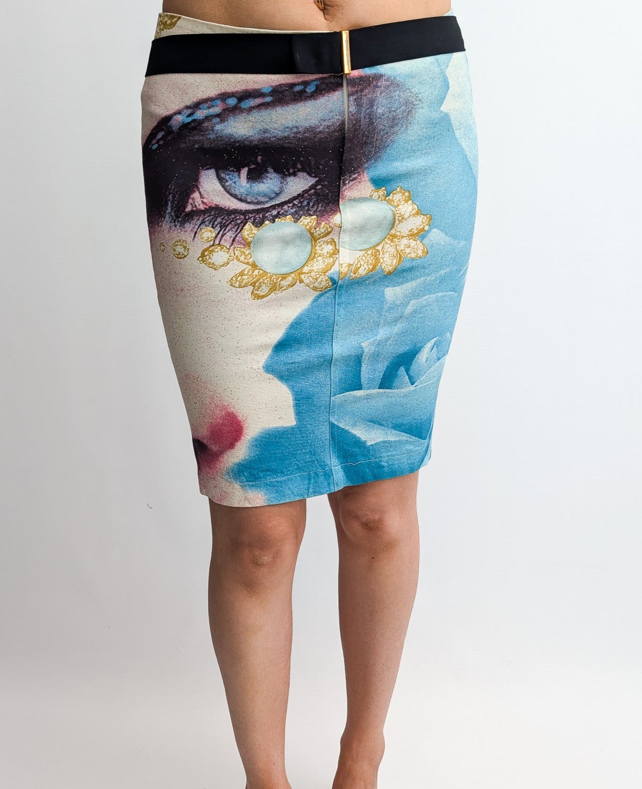 Roberto Cavalli blue skirt with Elizabeth Taylor face - S/S 2001