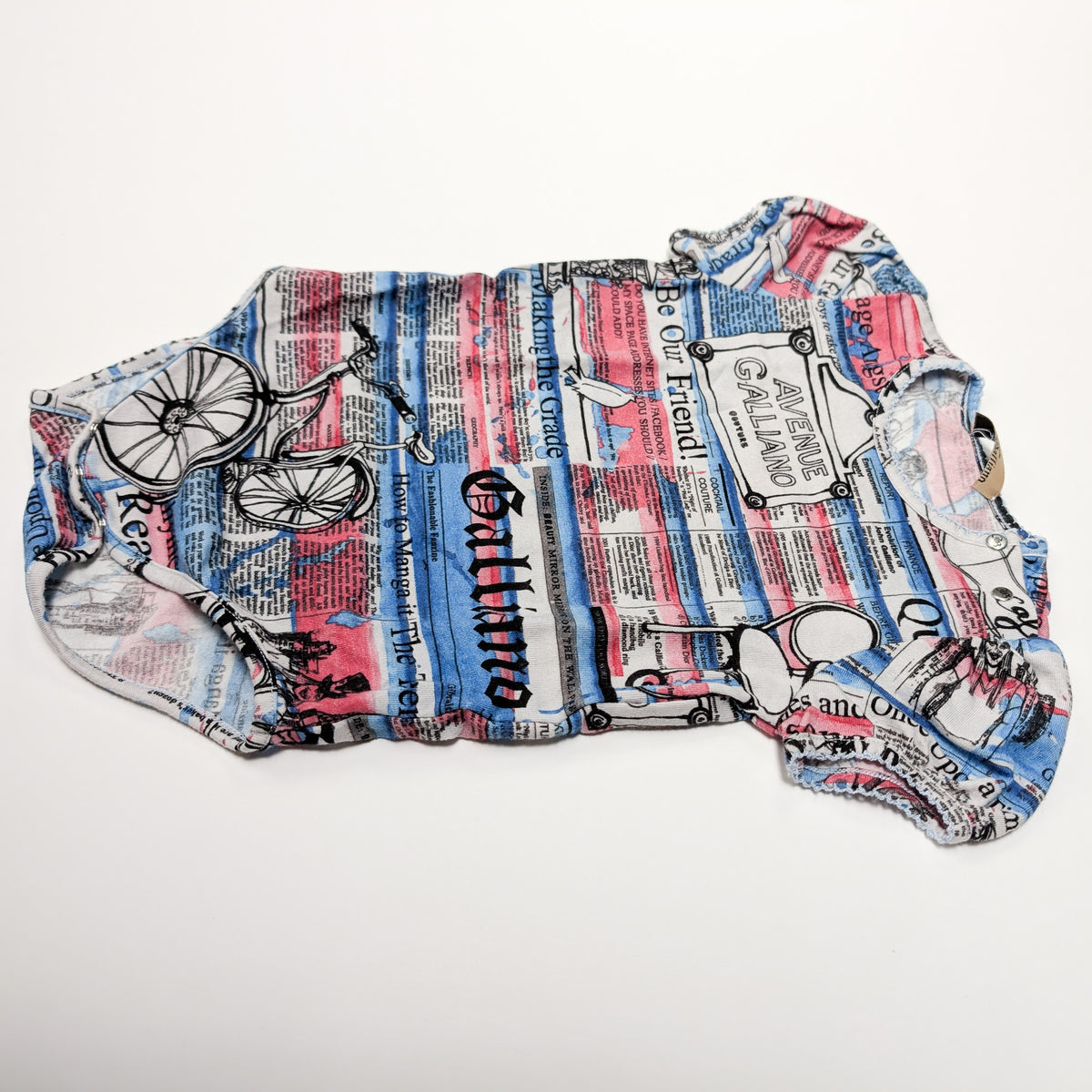 John Galliano "newspaper" monogram bodysuit, bib and hat set - 6m