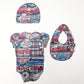 John Galliano "newspaper" monogram bodysuit, bib and hat set - 6m