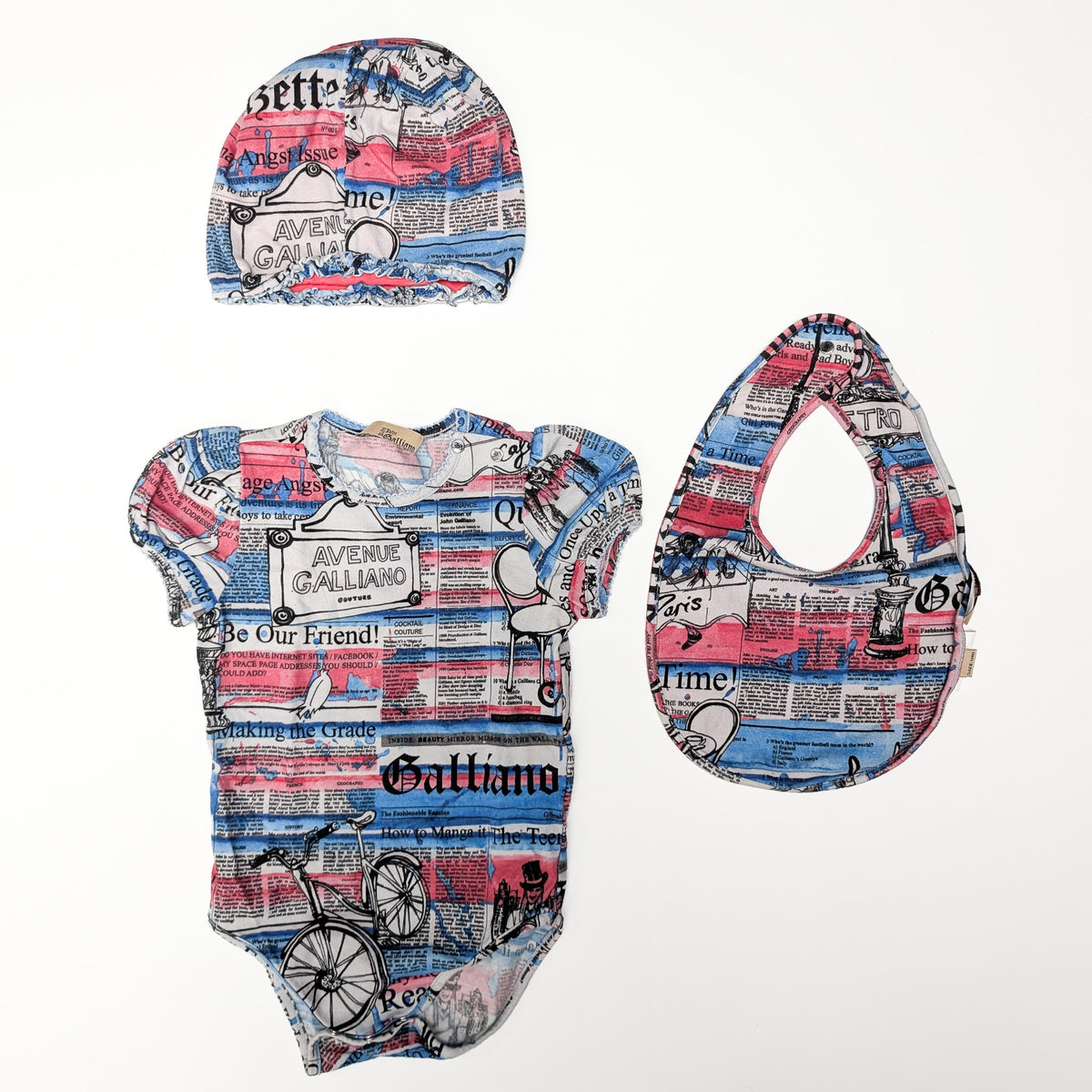 John Galliano "newspaper" monogram bodysuit, bib and hat set - 6m