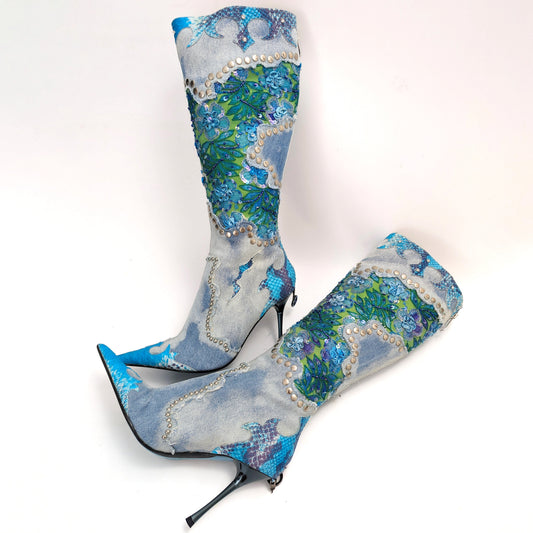 Sequin Embellished Denim El Dantes Boots - EU39|UK5.5|US7