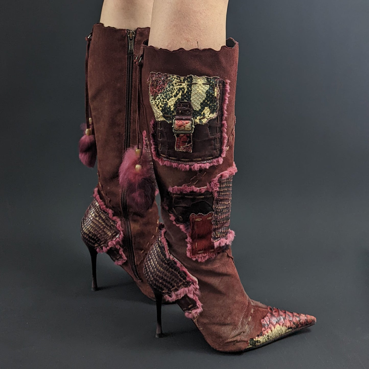 El Dantes boots in patchwork suede and reptile effect leather T37